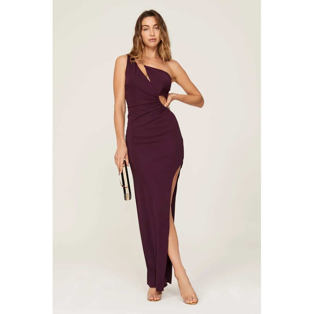 NICHOLAS One Shoulder Cutout Gown Plum Purple Ruched High Slit Maxi Dress